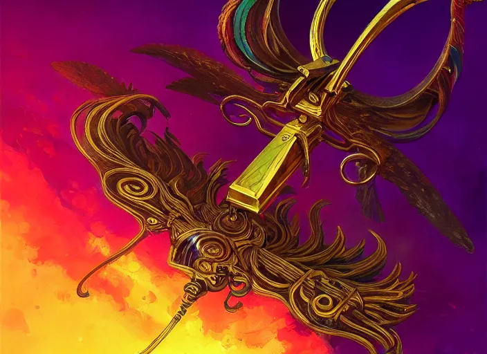 Prompt: A psychedelic rudimentary gold scythe , vibrant color scheme, highly detailed, in the style of romanticism, cinematic, artstation, Moebius, Greg rutkowski