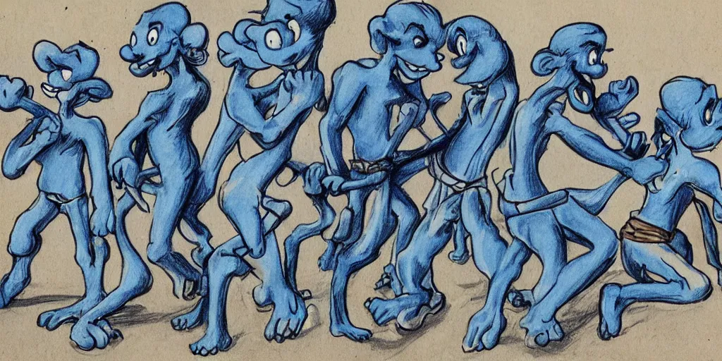 Image similar to in highly detailed color drawing of smurfs and white long bones