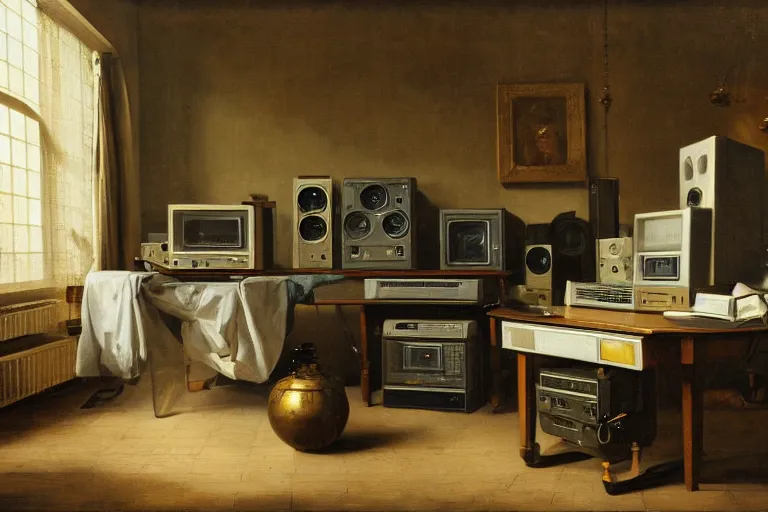 Image similar to still life painting of vintage computers by Pieter Claesz, oil on canvas, strong lighting, highly detailed, hyper realism, HD, 4K