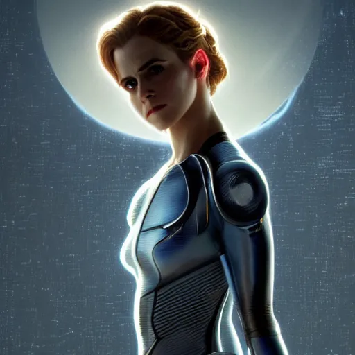 Prompt: a highly detailed matte portrait of emma watson dressed as seven of nine, scifi by star trek, unreal engine, volumetric lighting, exquisite detail, 8 k, art by greg rutkowski and alphonse mucha