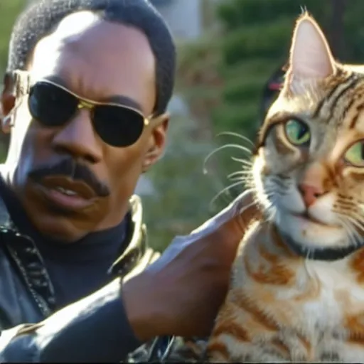 Image similar to a still of the cat shootout from the buddy cop movie beverly hills cat 2, with eddie murphy