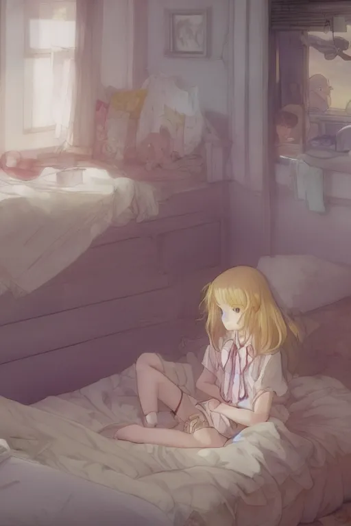 Image similar to a masterpiece digital art of a loli with blonde long hair in a jk uniform outfit in bedroom in after noon, by krenz cushart and mucha and akihito yoshida and greg rutkowski and makoto shinkai, detailed eyes, 4 k resolution 、 trending on art station