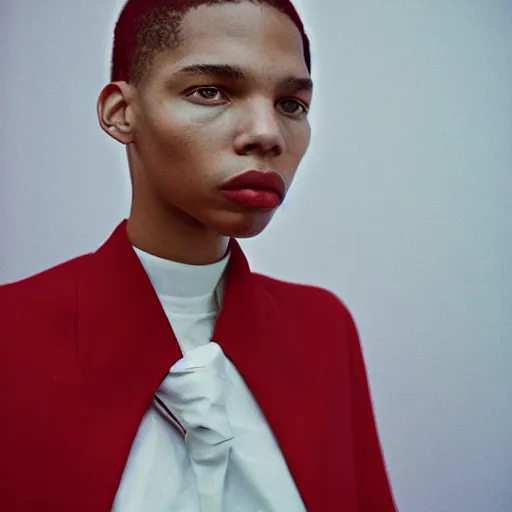 Image similar to realistic photoshooting for a new balenciaga lookbook, color film photography, portrait of a beautiful woman, by photo in style of Tyler Mitchell, wes anderson, Julia Hetta, Tim Walker, Petra Collins, 35mm,