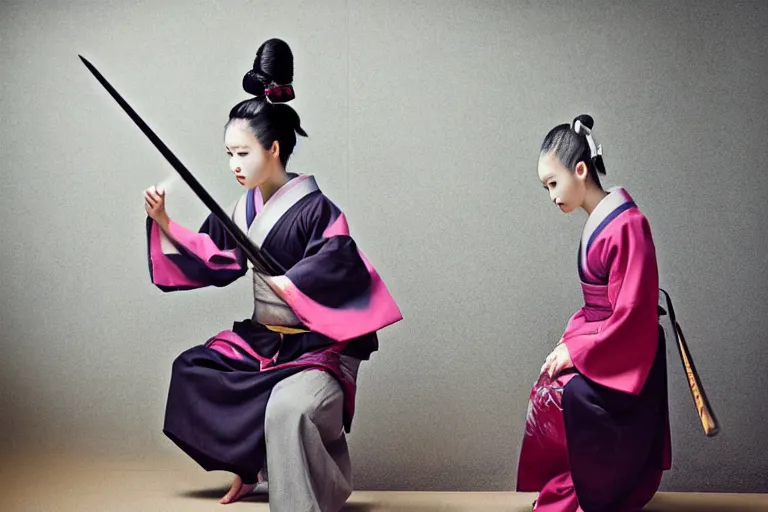 Image similar to beautiful photo of a young modern geisha samurai practising the sword in a traditional japanese temple, mid action swing, symmetrical face, beautiful eyes, huge oversized sword, award winning photo, muted pastels, action photography, 1 / 1 2 5 shutter speed, dramatic lighting, anime set style