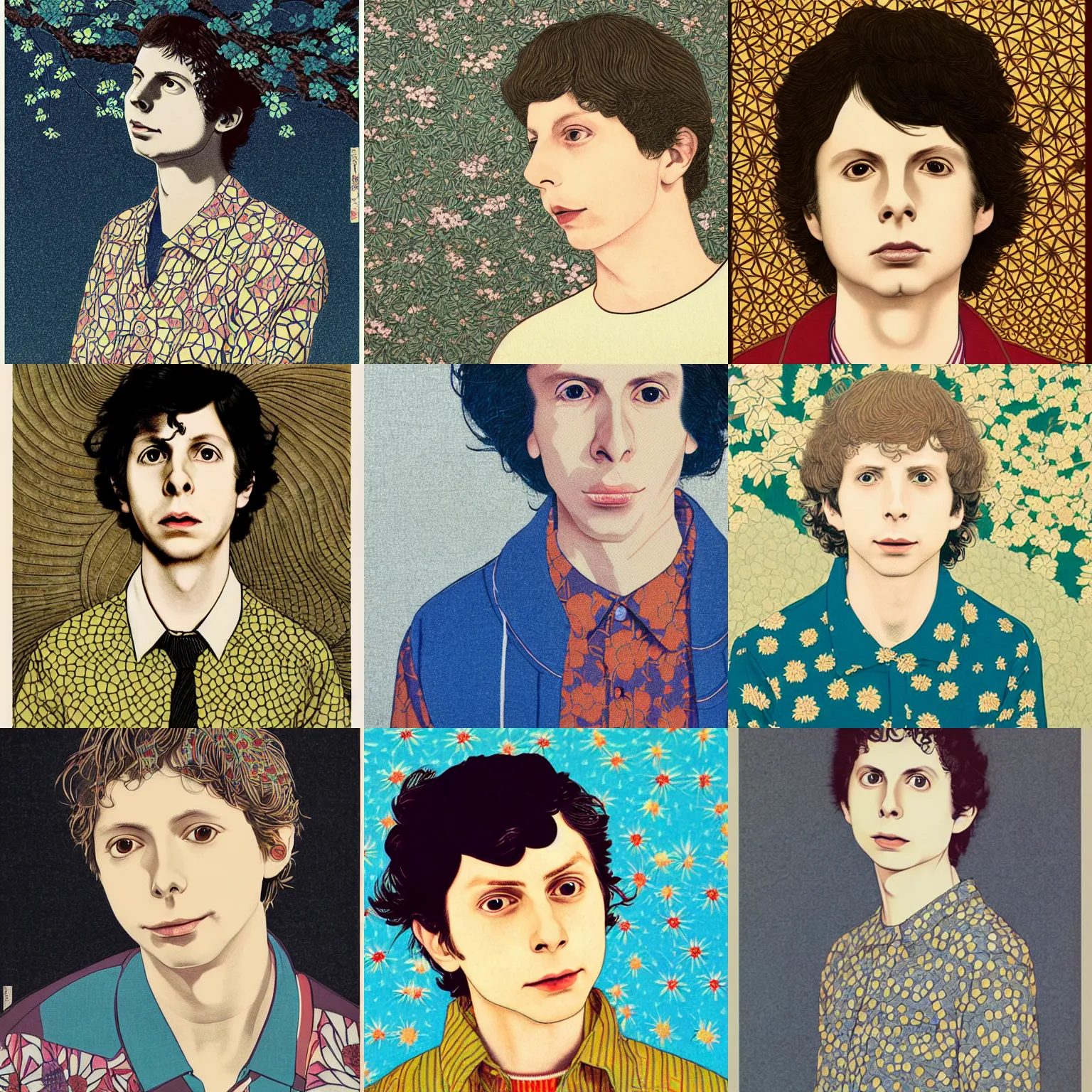 Prompt: michael cera portrait by ikenaga yasunari and ayana otake and ko rakusui, 6 0 s poster, drawing, realistic, sharp focus, dreamy, nostalgia, faded, golden hues, floral clothes