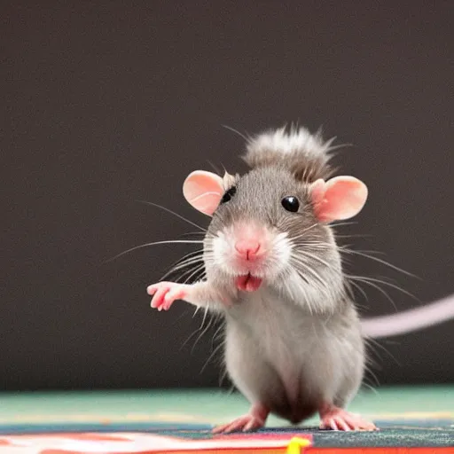 Prompt: A tiny rat doing a cute dance for the enjoyment of humans who are betting on the rats performance in Taiwan.