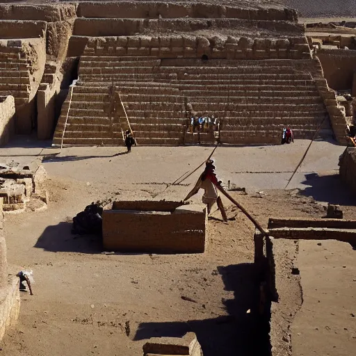 Prompt: a wide angle photograph of people building an egyptian pyramid in 3 0 0 0 bc. traditional tools being used. ancient building techniques on display. beautiful morning lighting. the photo shows the pyramid partially complete. large stones are also present, being moved into position by many workers. workers are wearing traditional clothes for the time.