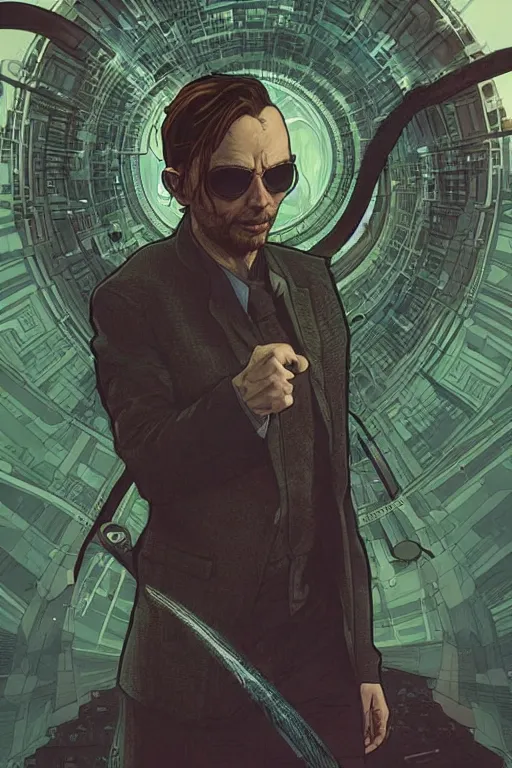 Image similar to comic book illustration, thom yorke as agent smith from the matrix, cyberpunk concept art by artgerm and Alphonse Mucha and Moebius, highly detailed, intricate, sci-fi, sharp focus, Trending on Artstation HQ, deviantart