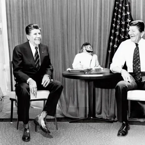 Image similar to [ ronald reagan sitting in chair next to tiger ]