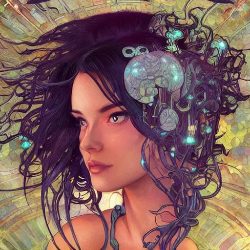 Image similar to cyborg, female, fantasy, bioluminiscence, flowing hair, portrait, highly detailed, digital painting, beautiful eyes, symmetry, concept art, sharp focus, illustration, art by artgerm and greg rutkowski and magali villeneuve and ilya kuvshinov! : : alphonse mucha : : - 0. 2