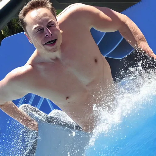 Image similar to elon musk going down a waterslide, photorealistic,