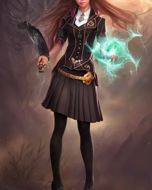 Image similar to a beautiful female dark magic academy school uniform, 8 k, hyperrealistic, hyperdetailed, full body pose, fantasy portrait by laura sava