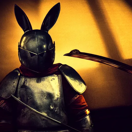 Image similar to bunny with helmet and sword, dramatic lighting cinematic establishing shot extremely high detail foto realistic cinematic lighting post processed