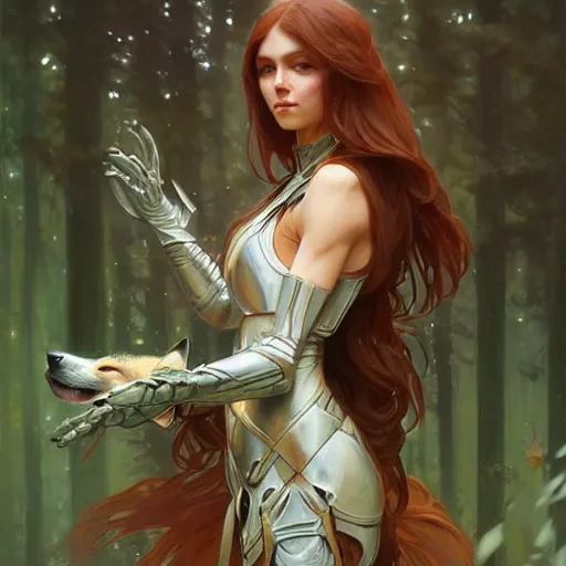 Prompt: photo of a humanoid female fox were a heroic dress an armour in the forest, long hair, highly detailed, digital painting, artstation, smooth, sharp focus, illustration, art by artgerm and greg rutkowski and alphonse mucha