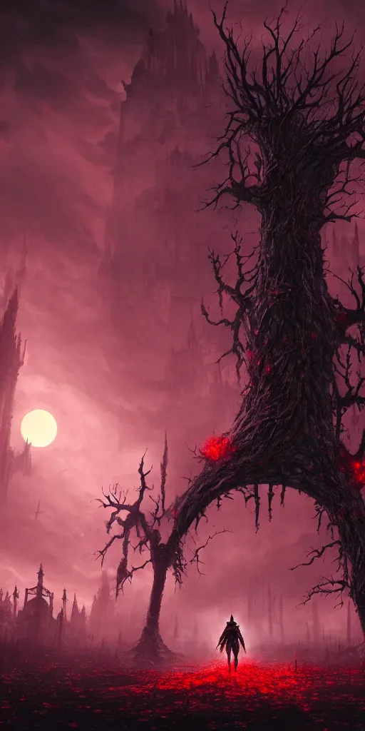 Image similar to abandoned bloodborne old valley with a person at the centre and a ruined gothic city at the end, trees and stars in the background, falling red petals, epic red - orange moonlight, perfect lightning, wallpaper illustration by niko delort and kentaro miura, 4 k, ultra realistic