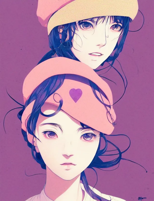 Image similar to singular girl wearing a beret, very anime!!! anime!! intricate details, aesthetically pleasing pastel colors, cool shaded poster background, art by conrad roset and ilya kuvshinov