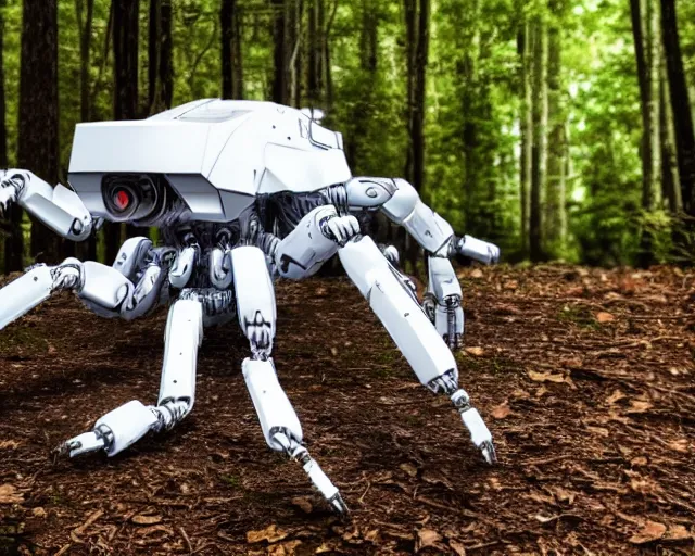 Image similar to photo of a giant huge white terminator spider with heavy duty biomechanical hydraulic cybernetic body with antennas and visor cogs and gears and components in the forest. cyberpunk horror style. highly detailed 8 k. intricate. nikon d 8 5 0 5 5 mm. award winning photography.