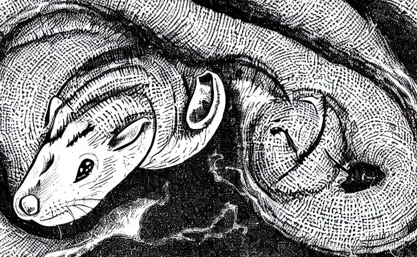 Prompt: incredible eye catching comic panel showing a desert mouse riding a sandworm of the deep desert, close up shot of the mouse's face struggling to steer the beast