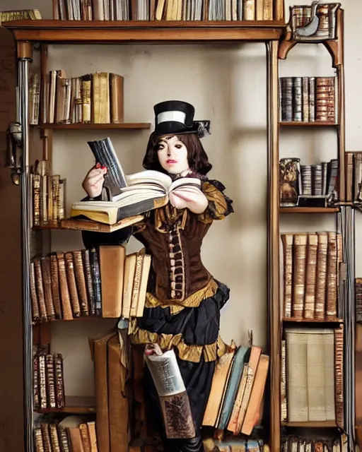 Image similar to a steampunk female maid holding a stack of books, standing in a steampunk reading room, bookshelf.