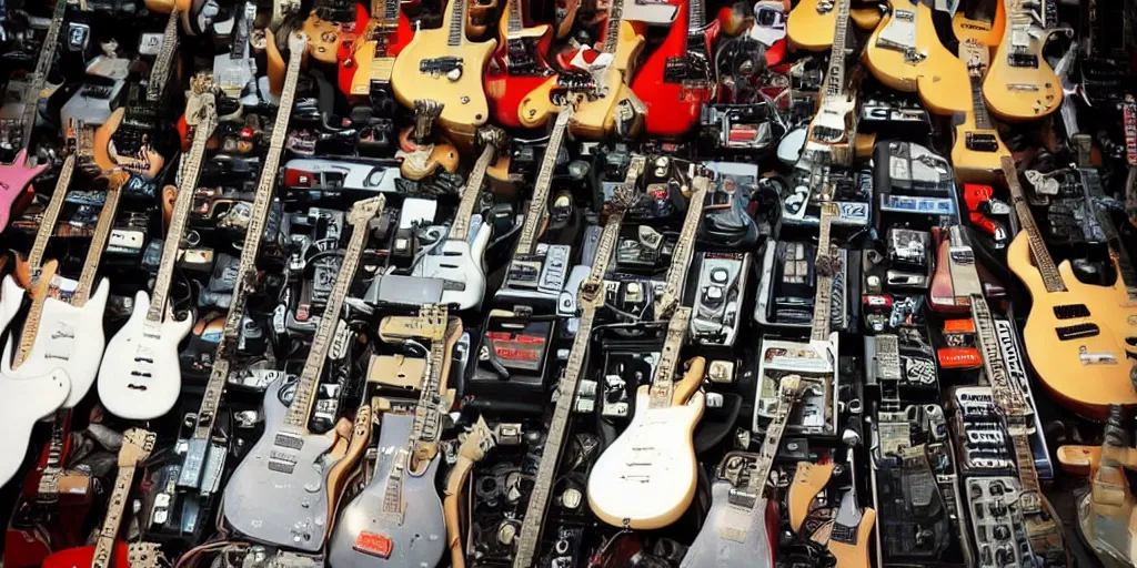 Prompt: guitar pedal board full of boss pedals