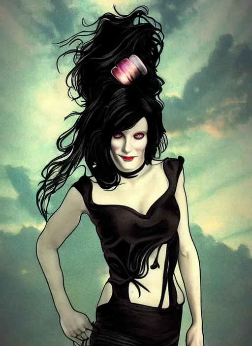 Image similar to death of sandman by neil gaiman, cute gothette, black crop top, smiling, happy, photorealistic, sunset clouds, glamour pose, detailed illustration, digital art, trending on artstation, soft ambient lighting, volumetric lighting, rim lighting, yoshitaka amano, alphonse mucha, arney freytag, maxfield parrish, new art nouveau