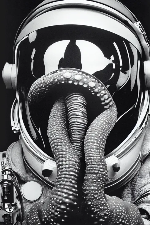 Image similar to extremely detailed studio portrait of space astronaut, alien tentacle protruding from eyes and mouth, slimy tentacle breaking through helmet visor, shattered visor, full body, soft light, disturbing, shocking realization, hyper detailed, award winning photo by herb ritts