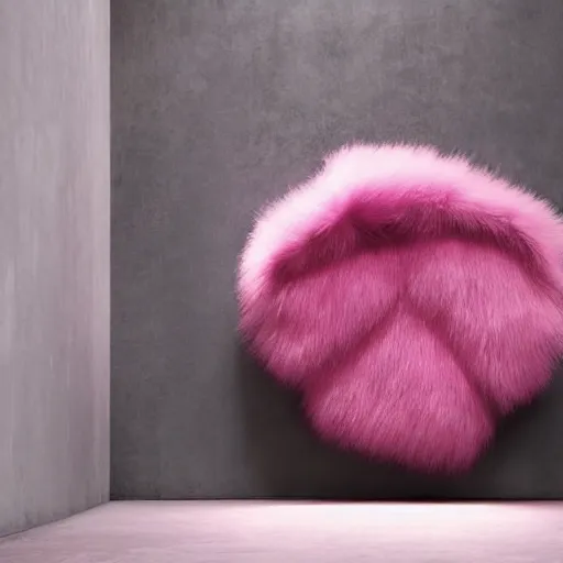 Image similar to nike logo made of very fluffy pink faux fur placed on reflective surface, professional advertising, overhead lighting, heavy detail, realistic by nate vanhook, mark miner