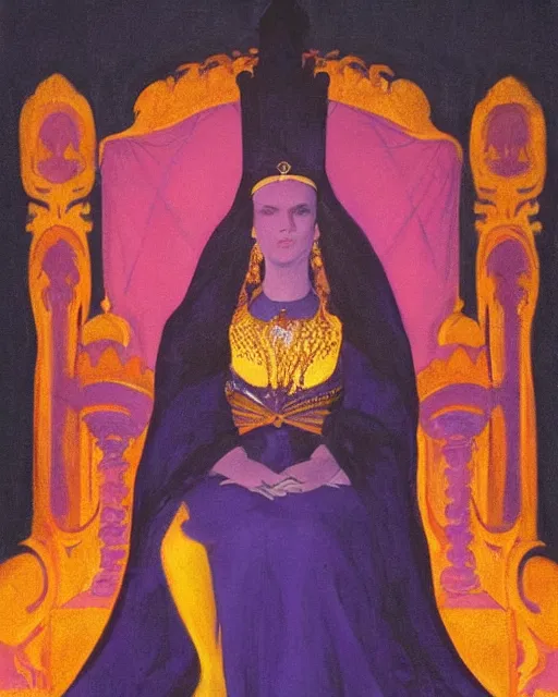 Image similar to an illustration of a queen on a throne at night by johann heinrich fussli, by nicholas roerich, by georgia o keeffe, realistic, detailed, oil painting