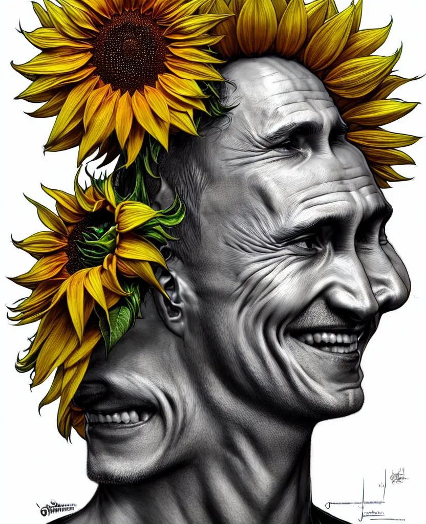 Image similar to digital art, centered full body of Putin smiling king, Sunflower crown, ,intricate, veins, by James Jean and by artgerm , by ross tran ultradetailed, charachter design, concept art, trending on artstation,