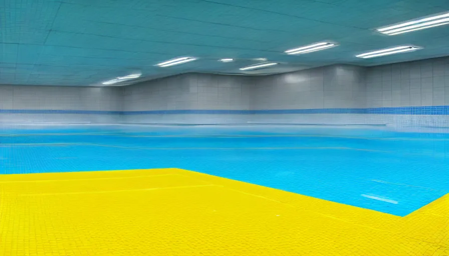 Image similar to movie still of an empty municipal swimmingpool with yellow tiles with light blue tiles, high quality, high detail, liminal space style