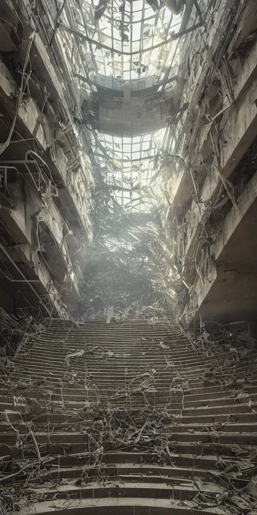 Prompt: i climb up on the endless stairs inside this decayed hitech brutalist building, rays of lights breaking through the holes in the walls, ruined litter, endless stairs going up, monumental, global illumination, by rhads and ferdinand knab and makoto shinkai and alphonse mucha