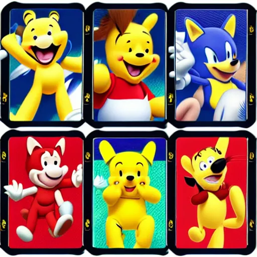 Image similar to photograph of winnie the pooh and super mario and sonic the hedgehog anime style, on pokemon card packs at target