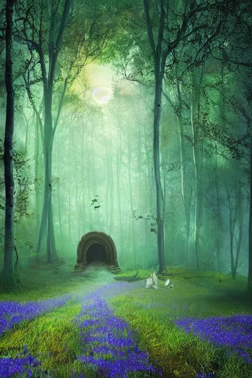 Prompt: beautiful dark wonderland serene gateway with mushrooms and grassy magic drooping bluebell flowers Digital Matte Illustration by Alena Aenami