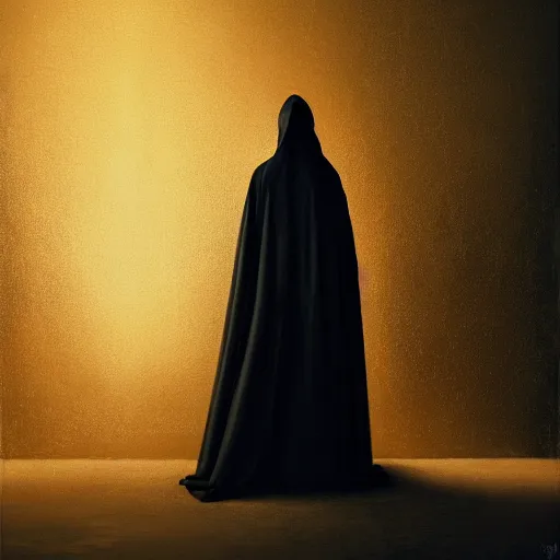 Image similar to a portrait of a young woman wearing a long dark cloak, hood and shadows covering face, holding golden chains, oil painting, matte painting, black background, Volumetric Golden dappled dynamic lighting, Highly Detailed, Cinematic Lighting, Unreal Engine, 8k, HD, by Beksinski