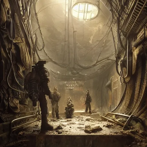 Prompt: painting of a post scenery at metro lowest level, underground, dark, rails, ultra realistic, concept art, intricate details, eerie, highly detailed, fallout, metro 2 0 3 3, wasteland, photorealistic, octane render, 8 k, unreal engine 5. art by artgerm and greg rutkowski and alphonse mucha