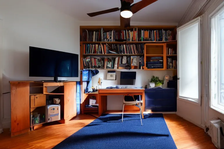 Image similar to an apartment with a small bed, big desk, two wooden wardrobes, a little wodden side table, a window, desk fan, table light, and an old TV, navy blue carpet, and a ceiling fan gives off a dim orange light