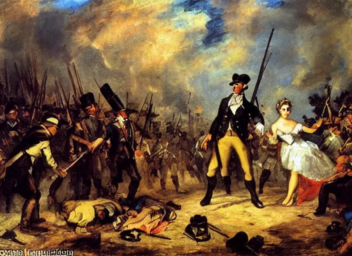 Image similar to romanticism painting of spongebob during the french revolution, by eugene delacroix