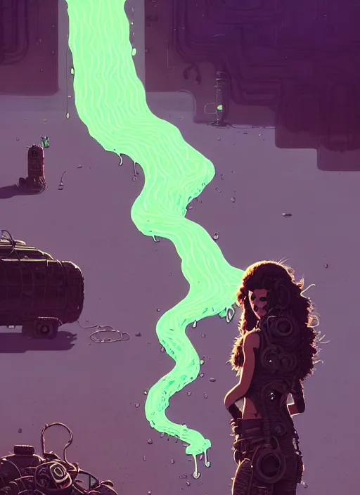 Image similar to highly detailed portrait of a lonely wasteland punk long dripping curly brown nuclear hair tribal lady, stray green slime hoses by atey ghailan, james gilleard, by joe fenton, by greg rutkowski, by greg tocchini, by kaethe butcher, 4 k resolution, gradient purple, brown black and white color scheme!!! ( ( green flaming robotic sewer background ) )