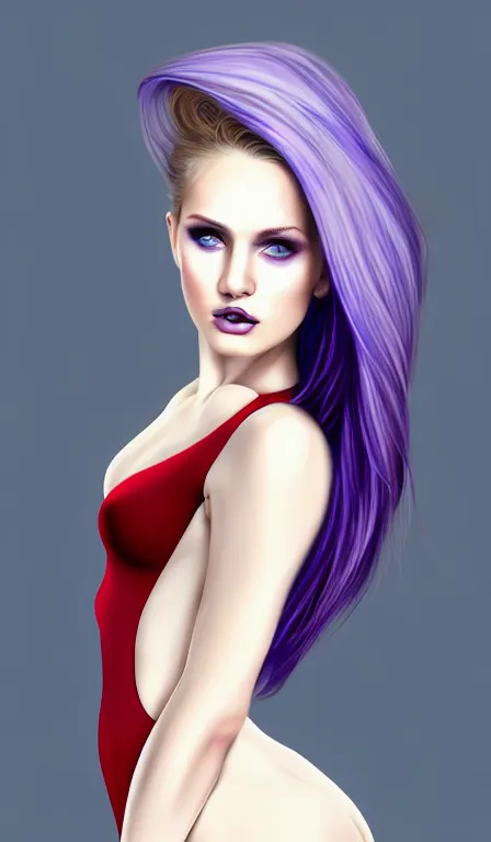 Prompt: professional digital art of a white and thin very attractive woman with light brown hair with purple tips, blue eyes, wearing a tight red low cut party dress, very attractive, facing camera,, super attractive, impressive, glamour, fashion, 35mm view, HD, 4k, cinematic, masterpiece well composed, digital art, best on artstation, cgsociety, wlop, epic, stunning, gorgeous, much detail, much wow, masterpiece,