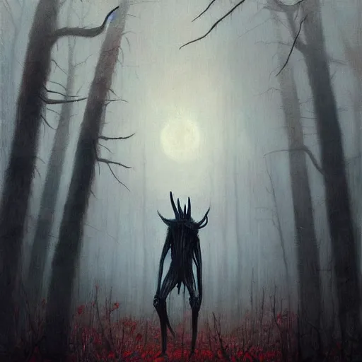 Prompt: an oil painting of wendigo by esao andrews. circa survive album cover art. dark. muted colors. gothic. oil painting with brush strokes. creepy.