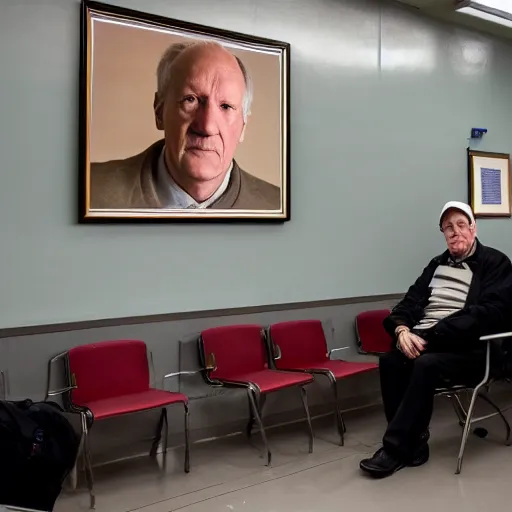 Prompt: wide angle portrait of werner herzog sitting alone in the waiting area of the dmv wearing a birthday hat. ultra wide angle, wes anderson, award winning, hyperrealistic, grand budapest hotel, studio lighting, very detailed face, chiaroscuro, film noir