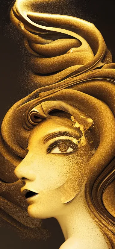 Image similar to epicillustration, abstract sculpture of beautiful female face and black swirling liquifying acrylic portrait, fluffy clouds, glowing edges, golden hour, beautiful light, 3 d sculpture of carving marble, dark colors, dark mood, one point light, golden spirals, clockwork, epic matte painting, concept art, digital painting