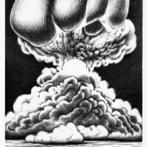 Image similar to vladimir putin flatulating a nuclear mushroom cloud from his rear, cartoonish, ultra detailed pencil art