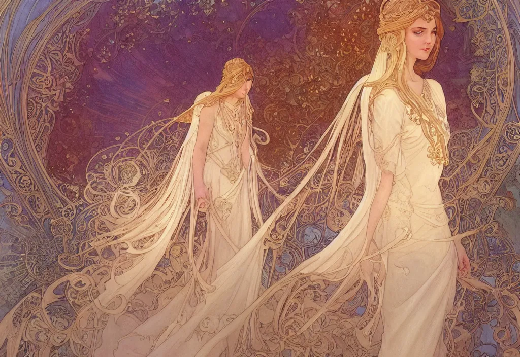 Image similar to an angel, highly detailed, very intricate, art nouveau, gold filigree, romantic storybook fantasy, soft cinematic lighting, award - winning, disney concept art watercolor illustration by mandy jurgens and alphonse mucha and alena aenami, pastel color palette, featured on artstation