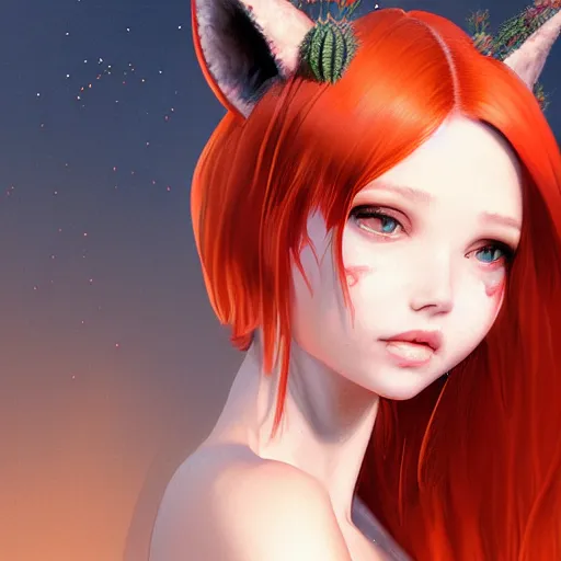 Prompt: Portrait of red-haired girl with fox ears and an evil grin in orange bikini holds a cactus cinematic lighting, intricate, elegant, highly detailed, digital painting, artstation, smooth, sharp focus, illustration, art by Yoshitaka Amano, artgerm