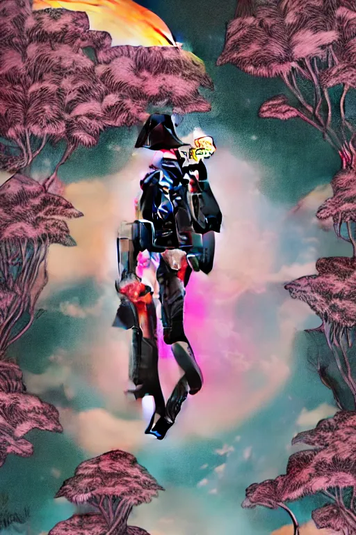 Image similar to Ethereal safari landscape with a pink rainbow sky under a god moonstone, black leather and embroidered Lolita dapper bespoke avant-garde tuxedo in velvet, black and gold rich color, dramatic cinematic lighting, featured on Artstation, extremely detailed by Lisa Frank