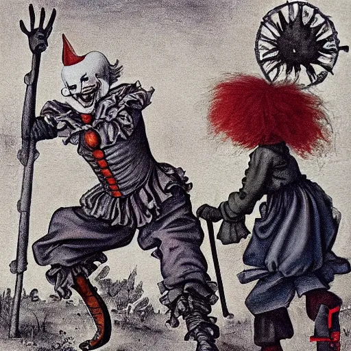 Prompt: fantasy painting of pennywise dancing by judson huss and henriette grindat and albrecht durer | horror themed | creepy