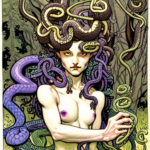 Image similar to A cute little medusa with snakes in your head collecting flowers in the forest. Absurdly-detailed fantasy character illustration by Rebecca Guay and Wayne Reynolds