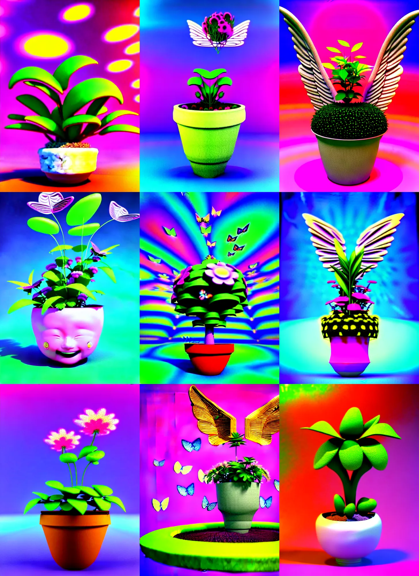 Prompt: 3d rendered chibi flower pot flower in the style of Ichiro Tanida 3D render wearing angel wings against a psychedelic acid trip swirly background with 3d rendered butterflies and 3d rendered flowers n the style of 1990's CG graphics 3d rendered y2K aesthetic by Ichiro Tanida, 3DO magazine