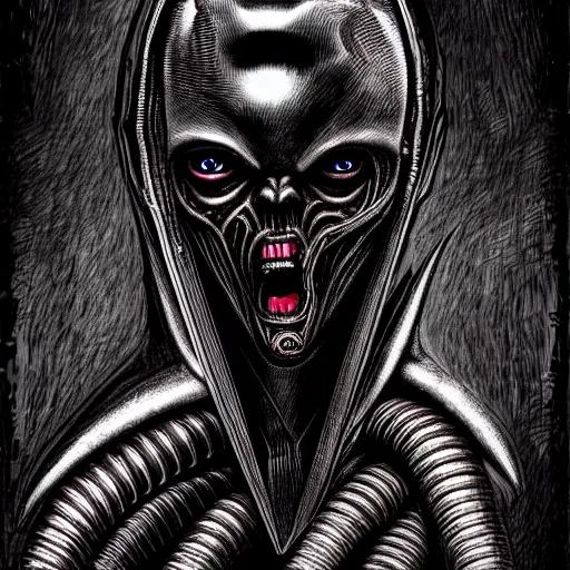 Image similar to a dark humanoid, hyper detailed, in the style of h. r. giger and and h. r. giger and h. r. giger, selfie